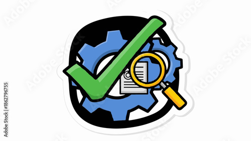 A green checkmark over a blue gear and magnifying glass examining document