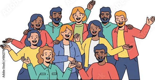 A diverse group of smiling people with various skin tones and hair colors, interacting cheerfully