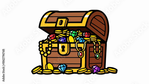 A cartoon treasure chest overflows with gold coins and colorful precious gems