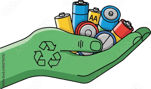 A green hand with a recycling symbol holds a collection of colorful batteries