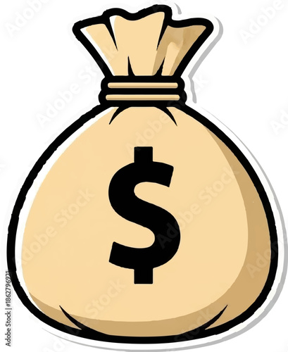 A cartoonish beige money bag tied at the top, featuring a prominent black dollar sign on its front surface
