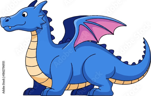 A cartoonish blue dragon with pink wings stands on a white background, smiling