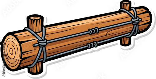 A cartoonish brown wooden log raft segment with two smaller logs bound by grey ropes and metal rods