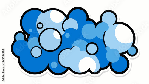 A cartoonish cluster of overlapping blue and white circles, resembling bubbles