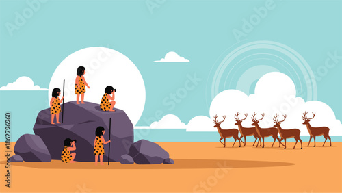 Primitive cavemen hunters from the Stone Age in leopard print clothes spotting a herd of deer from behind large rocks.