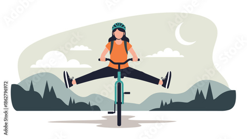 Happy young woman with a helmet and backpack having fun riding a bicycle with her legs spread out in the mountains.