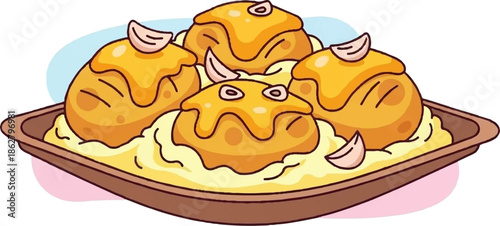 A cartoonish dish of roasted potatoes topped with golden cheese sauce and garnished with garlic cloves