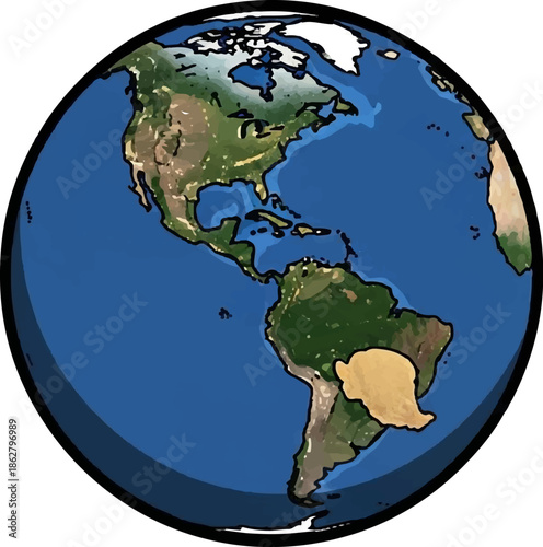 A cartoonish depiction of planet Earth showing continents of North and South America