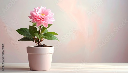 Pink dahlia in a pot on a wooden table against a soft background