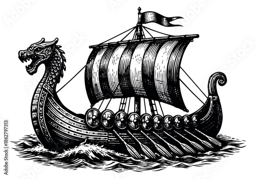 Hand drawn illustration of a Viking longship depicting a dragon figurehead, shields, and sail for history and adventure