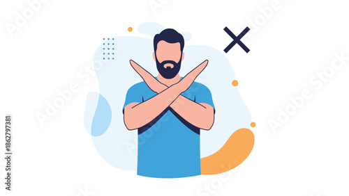 Man with a beard showing a refusal or rejection gesture by crossing his arms to form an X, with a cross symbol nearby.