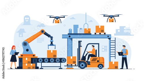 Modern smart warehouse with workers, a robotic arm, a forklift, and drones automating the logistics and delivery process.