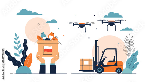 Humanitarian aid for Poland shown with hands holding a donation box and modern delivery methods like forklifts and drones.