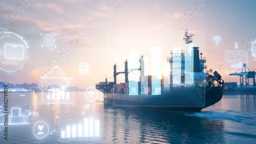 Global cargo shipping vessel at harbor with digital trade analytics overlay showing maritime logistics, supply chain performance and export growth