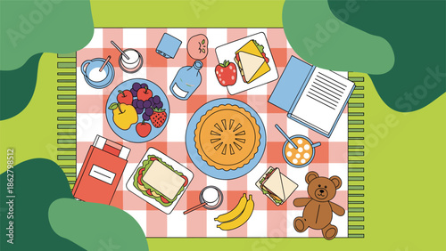 Top-down view of a colorful picnic blanket on the grass with sandwiches, fruits, pie, books, and a cute teddy bear.