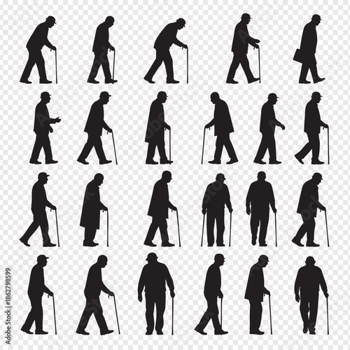 Silhouette of elderly man walking in various poses