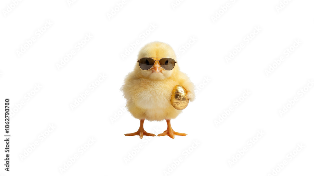 Obraz premium Cute easter chick wearing sunglasses and holding golden egg isolated on transparent background. Spring holiday character for sale banners and festive promotions.