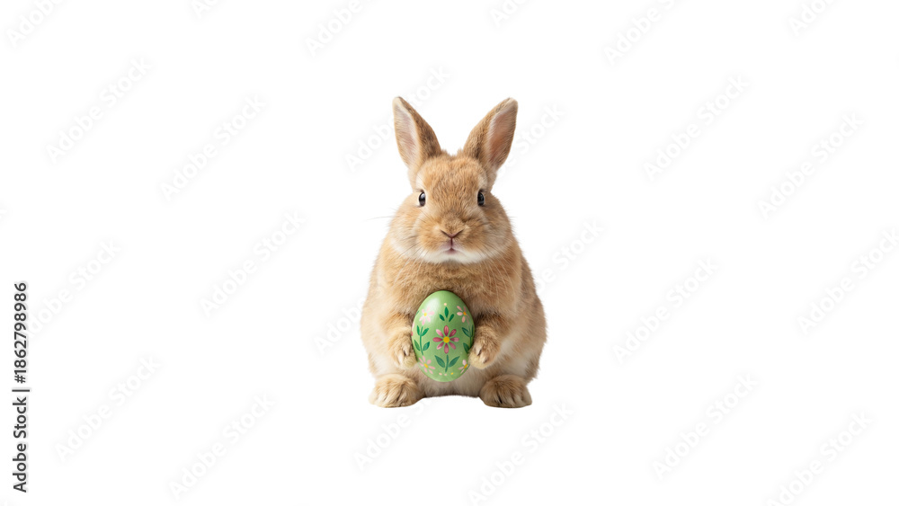 Obraz premium Cute easter bunny holding decorated egg isolated on transparent background. Spring holiday character for sale banners posters and festive seasonal promotions.