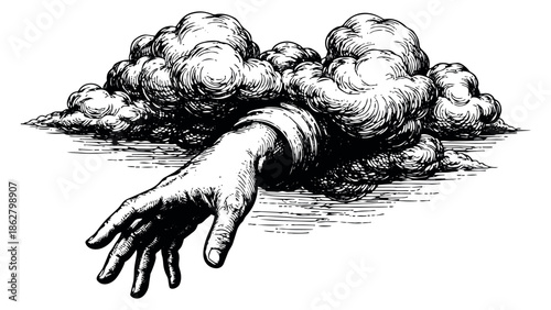 Hand drawn line art illustration of a hand reaching from clouds depicting an act of divine intervention for spiritual concepts