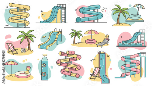 Colorful collection of various water park icons, including different types of water slides, palm trees, and beach elements.