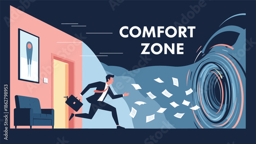Businessman running away from a comfortable room and escaping his comfort zone through a swirling portal to find growth.