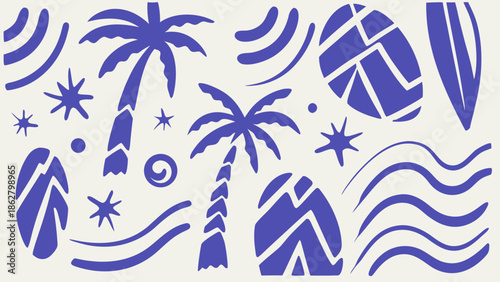 Tropical beach elements, palm trees, and abstract shapes in blue and white, coastal flat lay