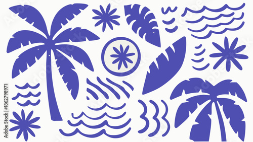 Blue white tropical coastal flat lay with palm trees, flowers and surfboard in minimalist style