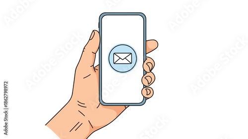 Close-up of a hand holding a smartphone with a new email notification icon displayed on the blank white screen.