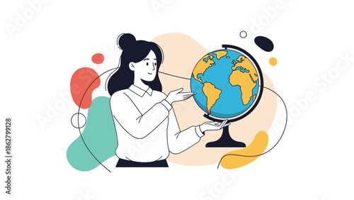 A friendly female teacher or geographer presenting a globe of the Earth with an abstract, colorful background design.