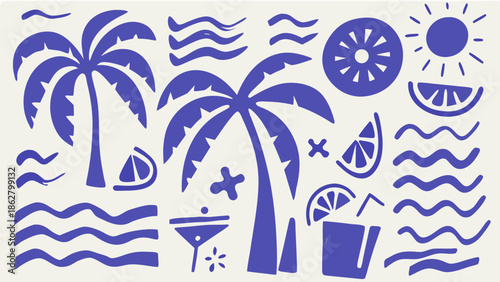 Vibrant flat lay illustration of tropical scenery with palm trees ocean waves sun
