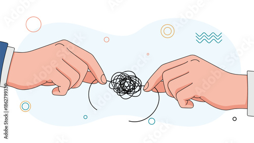 Two hands working together to untangle a complicated, messy knot of thread, symbolizing problem-solving and collaboration.