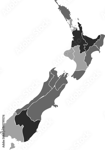 New Zealand map showing regional borders in a monochrome grey design isolated on a white background for educational use.