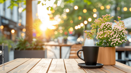 Cozy outdoor cafe table with coffee cup and flowers at sunset