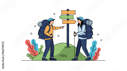 A couple of hikers with backpacks and walking sticks standing by a trail sign, planning their route in the wilderness.
