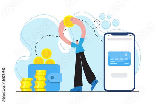 Flat illustration of a person saving money using mobile wallet technology showing digital payment, online banking and financial growth. 
