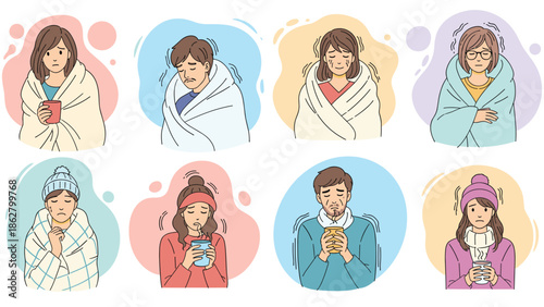 A set of diverse people of different ages feeling cold, shivering, and wrapped in blankets while holding hot drinks.