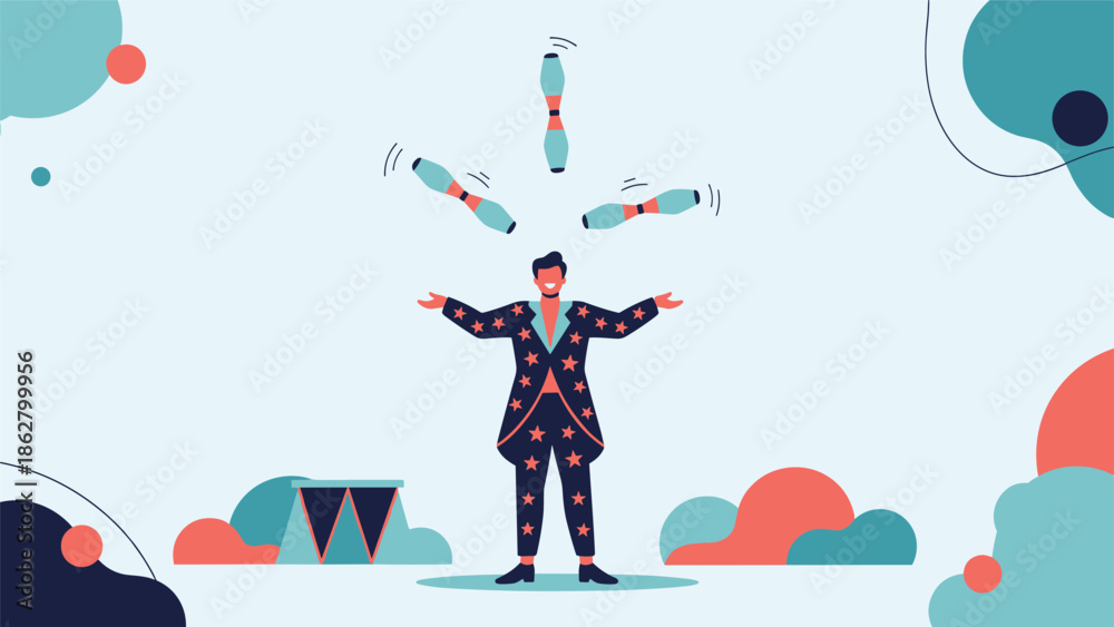 Obraz premium A smiling circus performer in a star-patterned suit skillfully juggling four clubs on a stage with abstract shapes.
