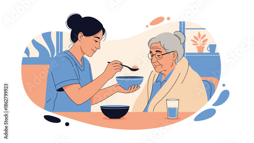 A kind female nurse or caregiver is feeding an elderly woman with a spoon, providing care and support in a nursing home.