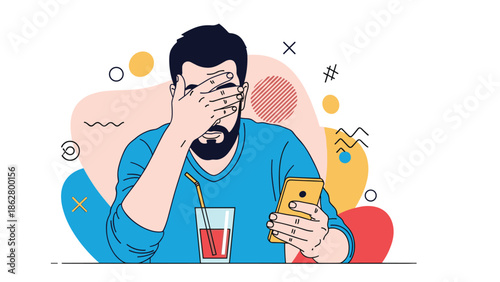 A bearded man covering his face with one hand in disappointment or embarrassment while looking at his smartphone.