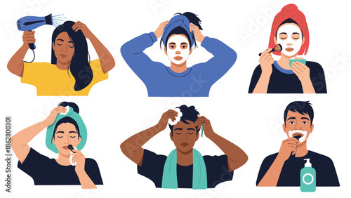 Set of diverse men and women performing their daily morning self-care routines like hair drying, shaving, and skincare.