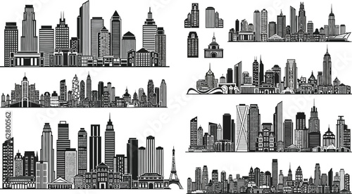 City skylines with iconic buildings and modern architecture