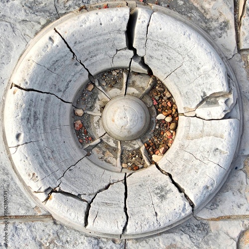 Close up of weathered decorative circular stone element with cracks