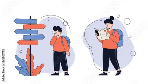 A tourist is lost and confused at a signpost, while another version shows them confidently reading a map and phone.