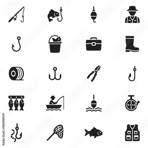 Fishing icon set with fish, hook, reel and another symbols.