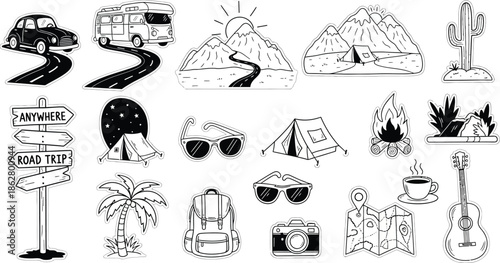 Road trip adventure icons for travel and exploration