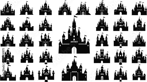 Collection of medieval castle silhouettes in various architectural styles