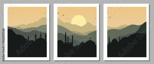Serene landscape with mosque silhouettes at sunset over mountains