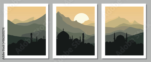Serene mosque silhouettes against majestic mountain ranges at sunset