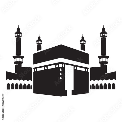 Black silhouette of the Kaaba and minarets on a white background mecca islam