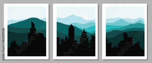 City skylines with mountain backdrops in modern graphic art style